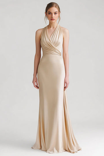 Champagne Satin Sheath Halter V Neck Long Formal Dress